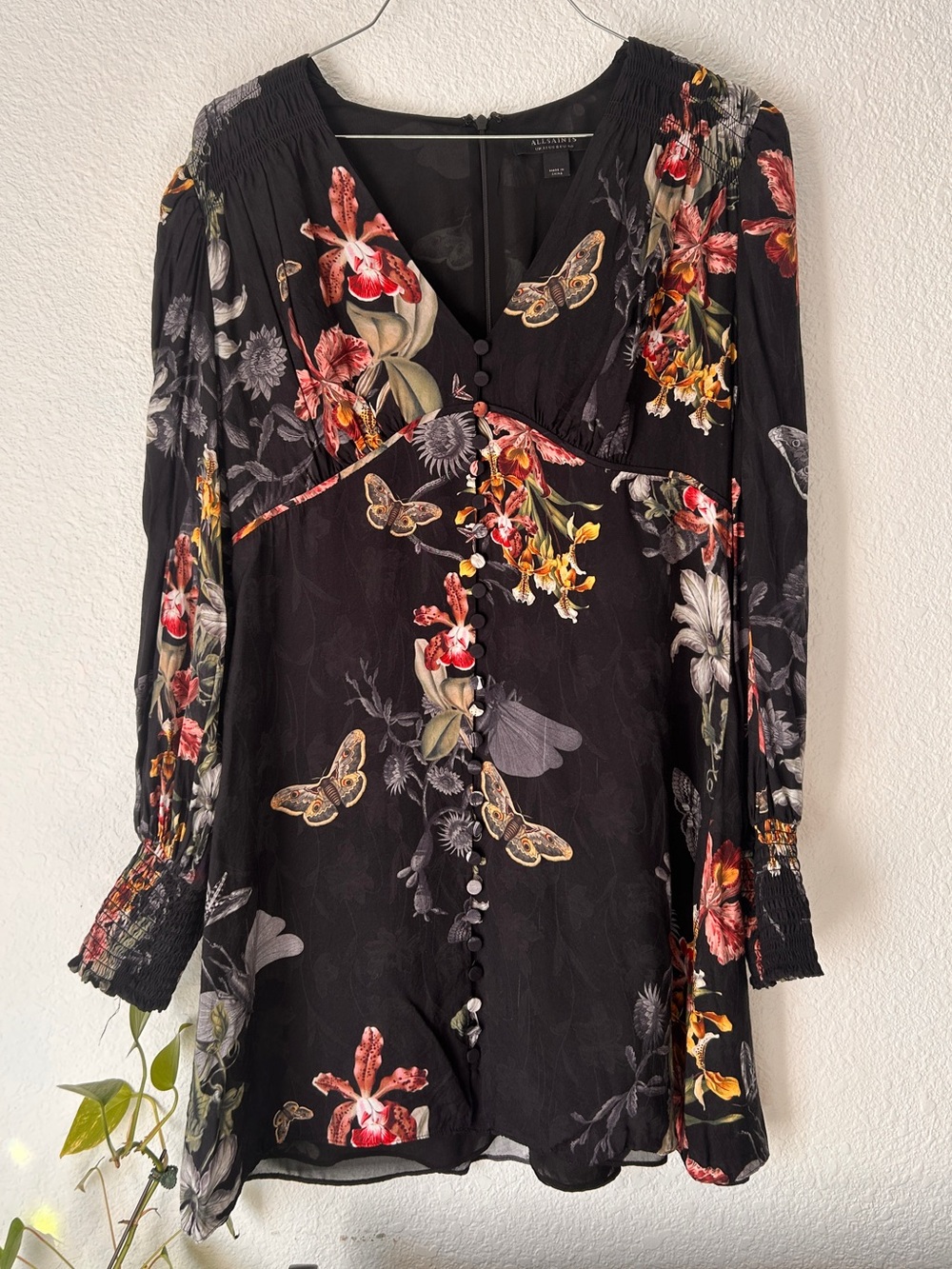 AllSaints Black Nightdress with Floral & Moth Print